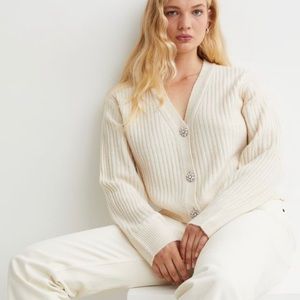 H and M white cardigan with rhinestone buttons
